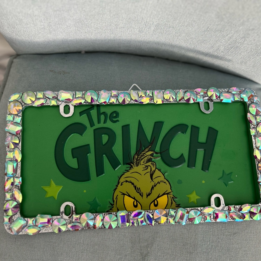 The Grinch License Plate & Frame with Iridescent Rhinestone Border - Green